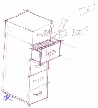 Illustration showing the potential for losing money by having important paperwork hidden in closed file drawers. Illustration by Christopher P. Pierre.